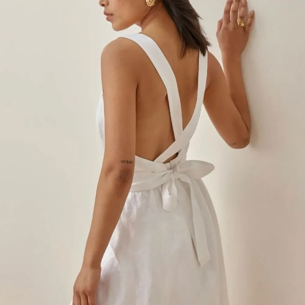 REFORMATION Elara Linen Fit & Flare Midi Dress Size 2 Sleeveless Ivory White
